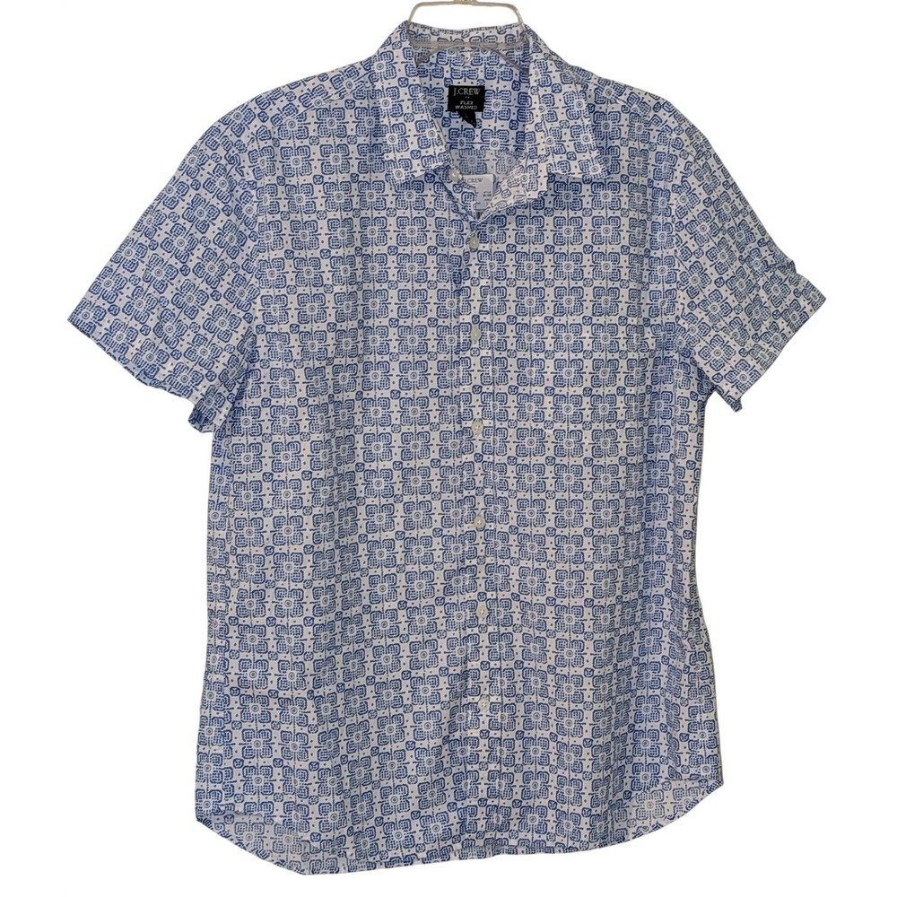 J Crew Mens Flex Washed Short Sleeve Shirt Blue Geometric Size L NWT $90